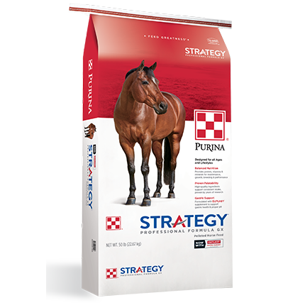 50-pound bag of Purina Strategy GX horse feed with a brown horse image and red and white packaging design