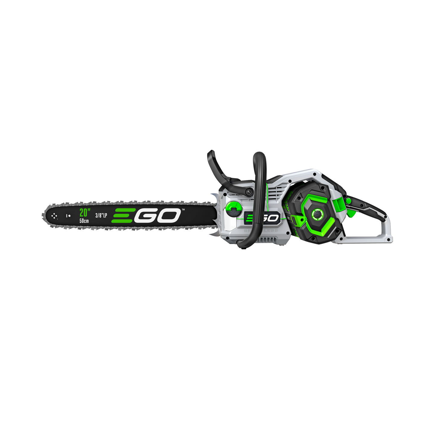 EGO Power+ 20-inch cordless chainsaw in white and green with ergonomic handles for tools and home improvement tasks