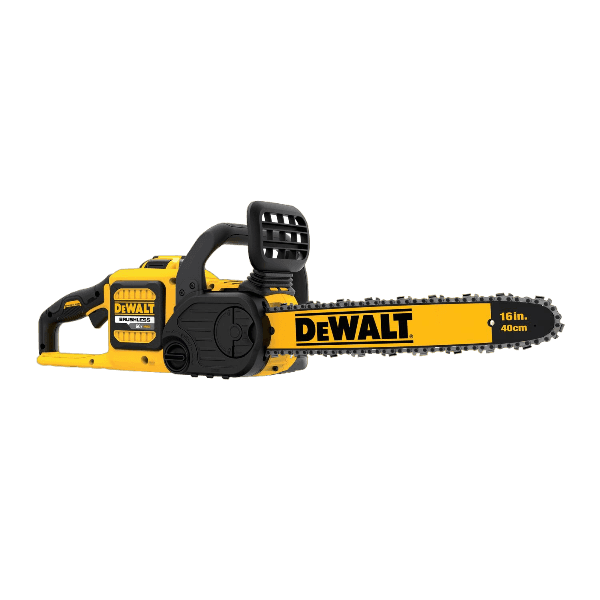 Yellow and black brushless cordless chainsaw with 16-inch bar designed for home improvement cutting tasks