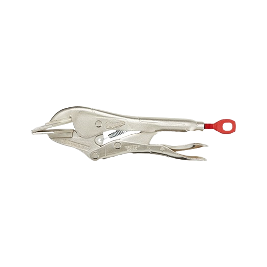 Silver locking seamer pliers with red loop handle for secure grip in home improvement and metalworking tasks