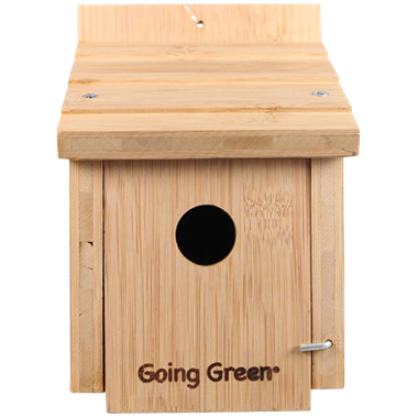 Natural bamboo birdhouse with round entrance hole and latch for outdoor bird nesting shelter