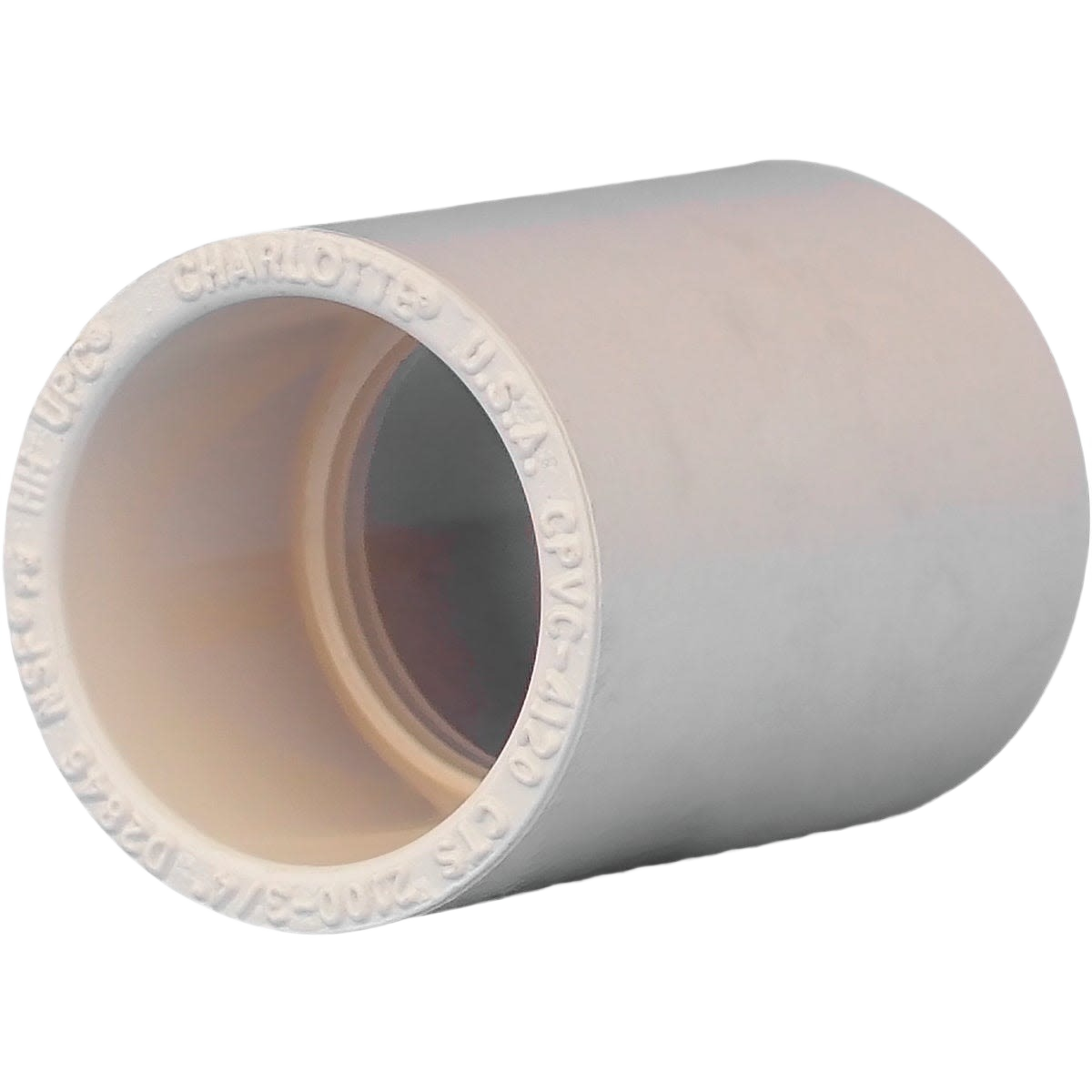 White 3/4 inch solvent weldable CPVC coupling with stop for plumbing and PVC fittings in under $50 home improvement collections