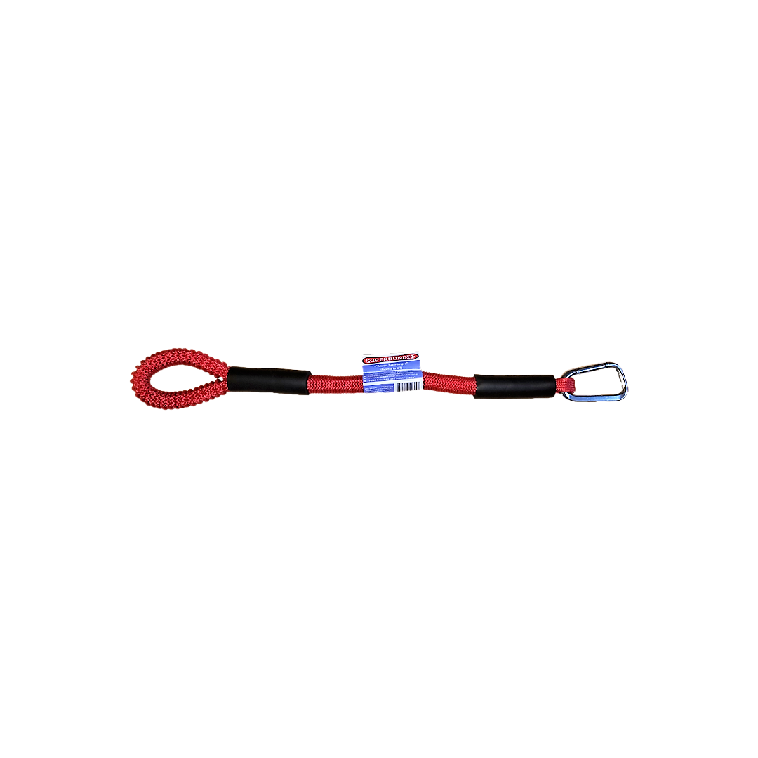 Red marine cord with stainless steel carabiner hook and looped end for tie-downs in automotive and towing equipment collections