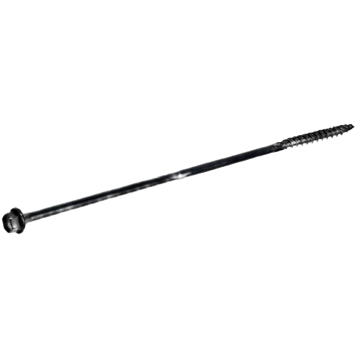 Long black structural wood screw with hex head for durable fastening in hardware and lumber building materials collections