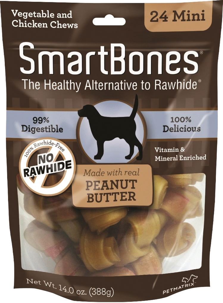 Package of 24 mini peanut butter dog chews made with vegetables and chicken, healthy rawhide alternative treats