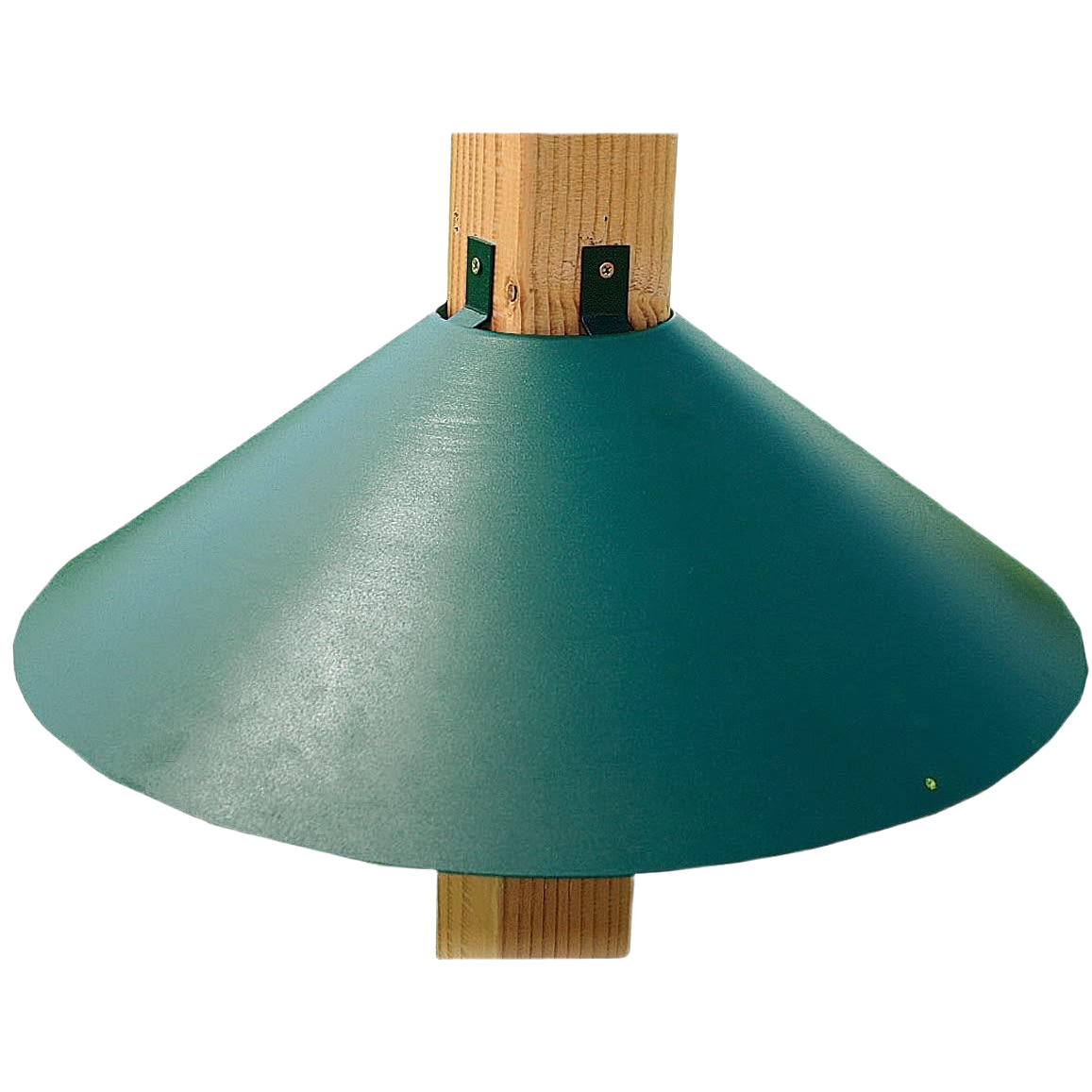 Green metal wrap around baffle mounted on a 4x4 wooden post for outdoor home improvement projects