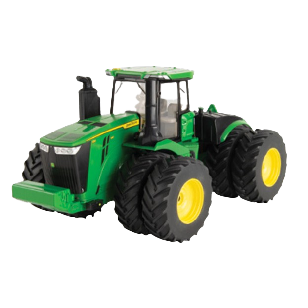 Green toy tractor with large yellow-rimmed tires and detailed cab for realistic farm play scenarios