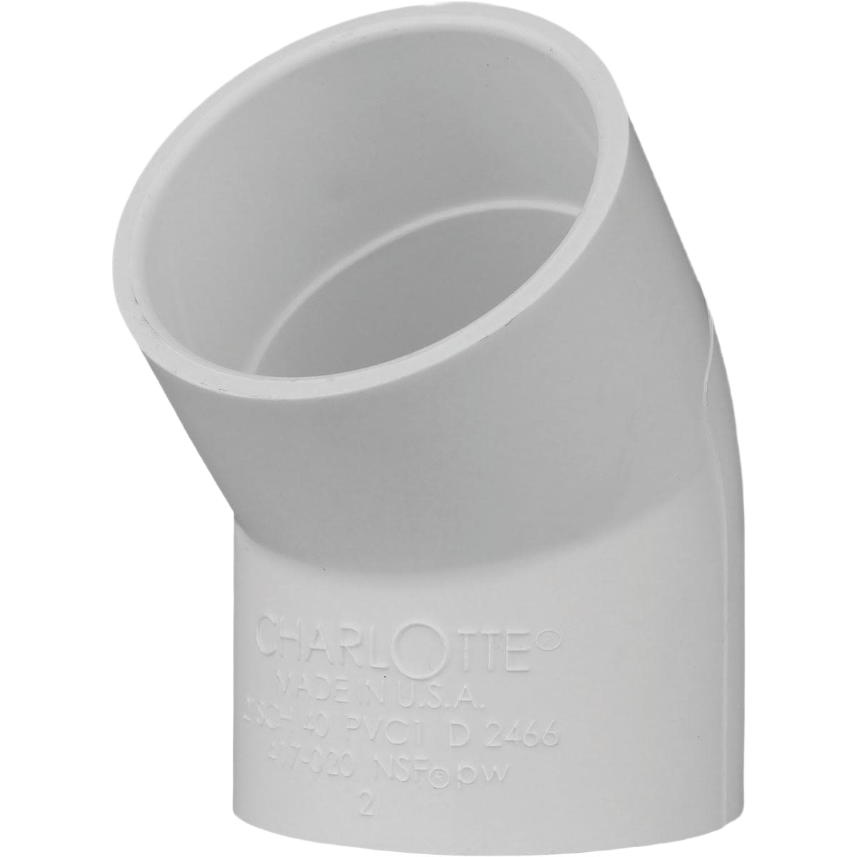 White 45-degree PVC elbow pipe fitting for plumbing and home improvement projects