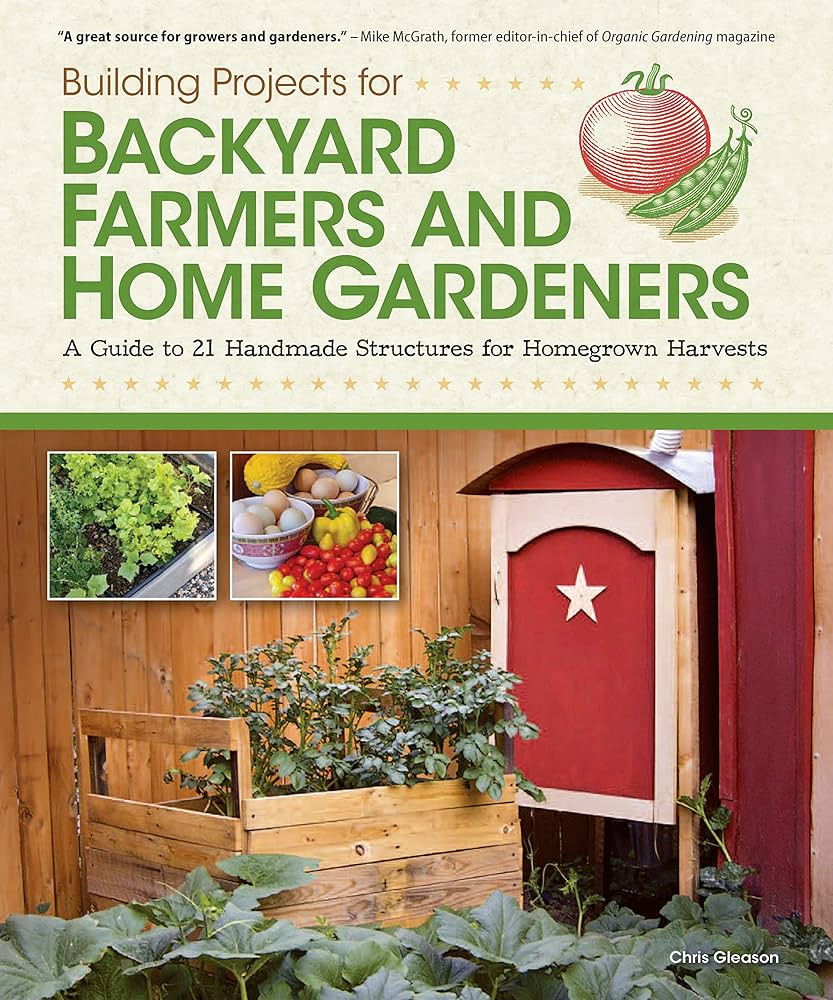Cover of gardening book showing wooden planter box and rustic red garden shed with star detail in backyard setting