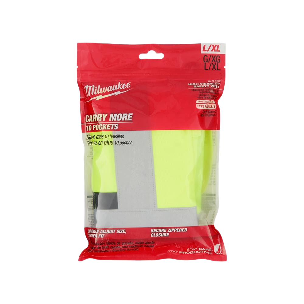 Milwaukee Class 2 high visibility yellow safety vest with reflective stripes and multiple pockets for safety gear collections