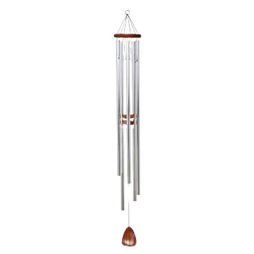 Large silver windchime with long tubes and wooden accents, designed for outdoor living and garden decor.
