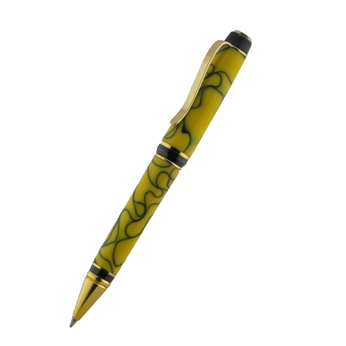 Yellow cigar-style pen with gold accents and black swirls, part of woodworking tool accessories under $50 collection