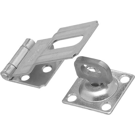 Zinc swivel safety hasp with base plate and mounting holes for secure door and cabinet hardware installation