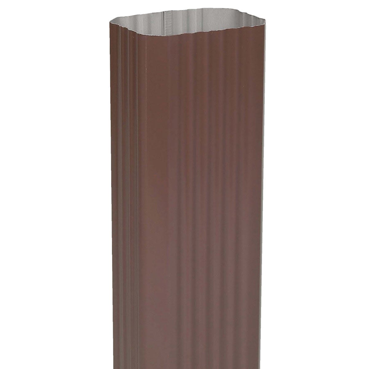 Brown aluminum downspout channel designed for gutter water drainage in roofing and home improvement projects