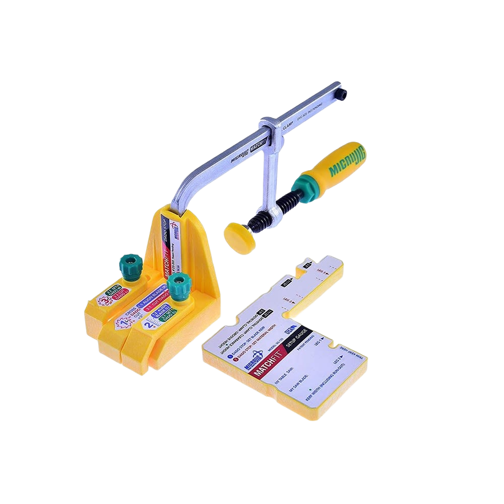 Yellow and metal woodworking dado stop accessory with adjustable clamp and measuring gauge for saw accessories collection