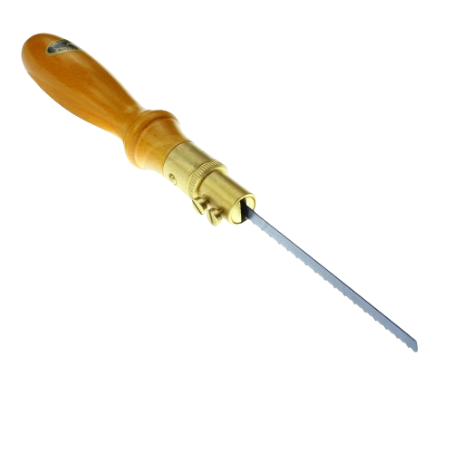 Wooden-handled pad saw with replaceable blade and brass blade clamp for precise cutting in home improvement tasks