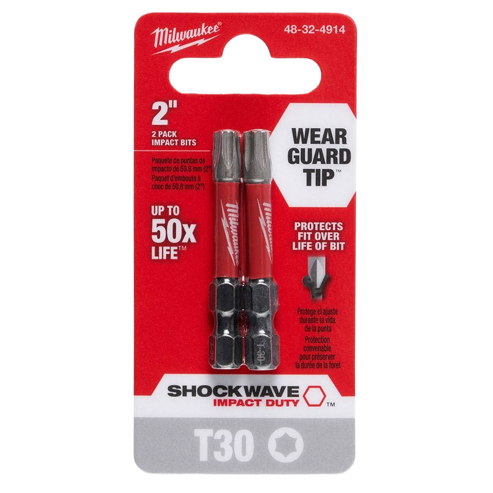 Milwaukee SHOCKWAVE™ 2-inch T30 TORX impact bits with Wear Guard Tip for durable fit in power tool accessories collections