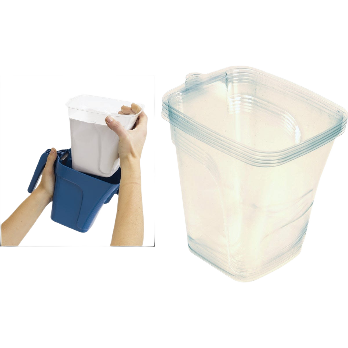 Set of clear plastic paint cup liners designed to fit inside paint cups for easy cleanup during home improvement projects