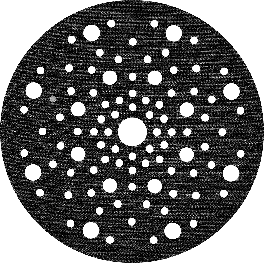 Black circular abrasive sanding pad with multiple dust extraction holes for power tool accessories and home improvement