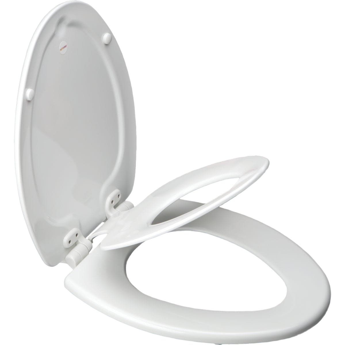 White elongated toilet seat with built-in child potty seat, designed for bathroom use and family convenience.
