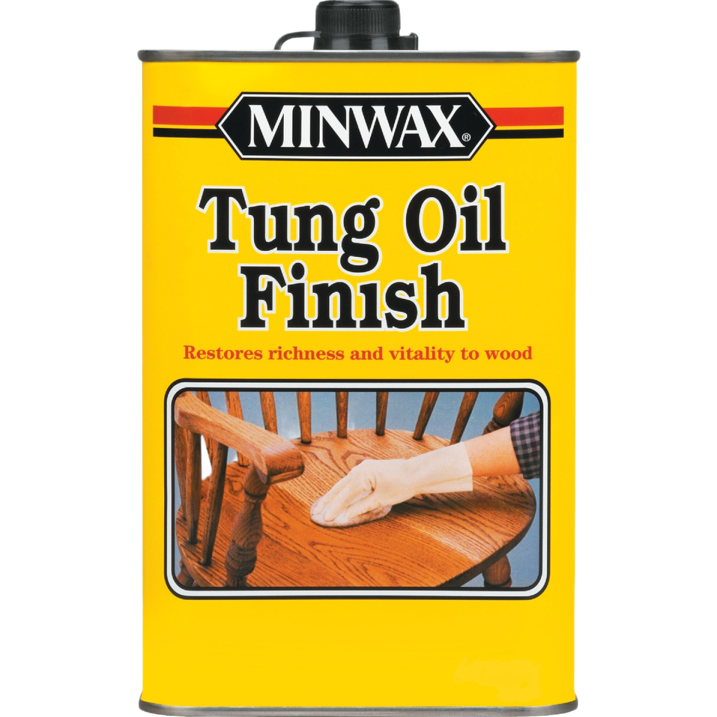 Yellow can of Minwax tung oil finish for wood restoration with hand-rubbed luster, used in wood finishing projects
