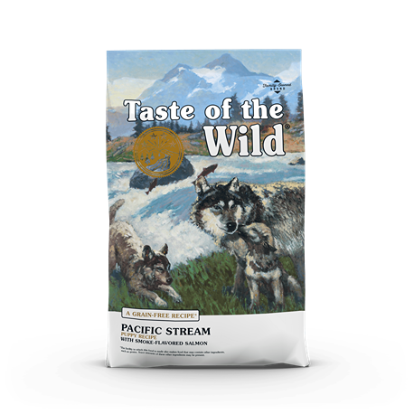 Bag of Pacific Stream dry dog food for puppies with smoke-flavored salmon, part of pet food and supplies collection