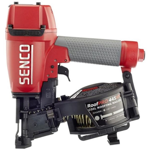 Red and gray coil roofing nailer with ergonomic grip for efficient home improvement and roofing projects
