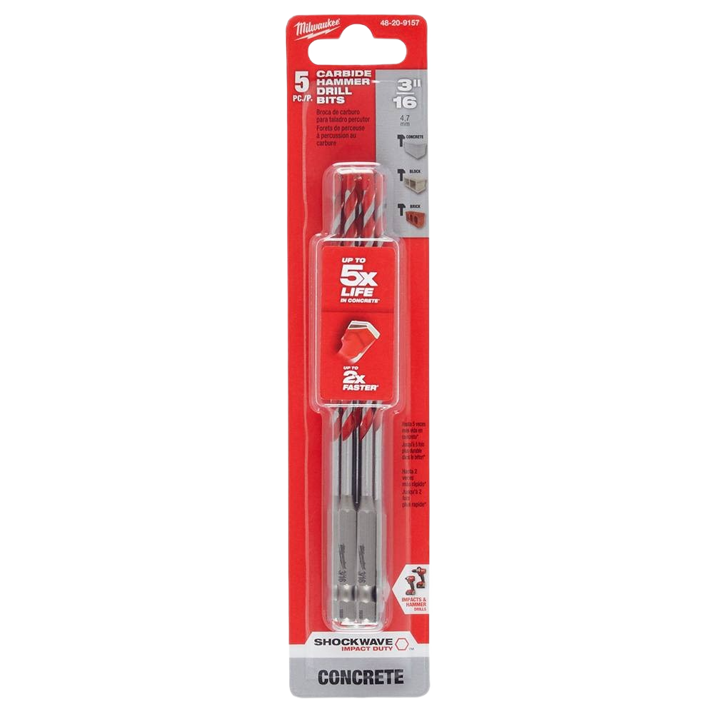 Set of five Milwaukee carbide-tipped hammer drill bits for concrete drilling in power tool accessories collection