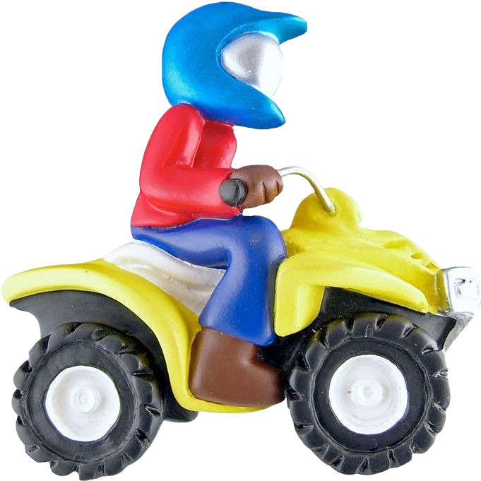 Figurine ornament of rider in blue helmet on yellow four-wheeler from Christmas Ornaments & Tree Decorations collection