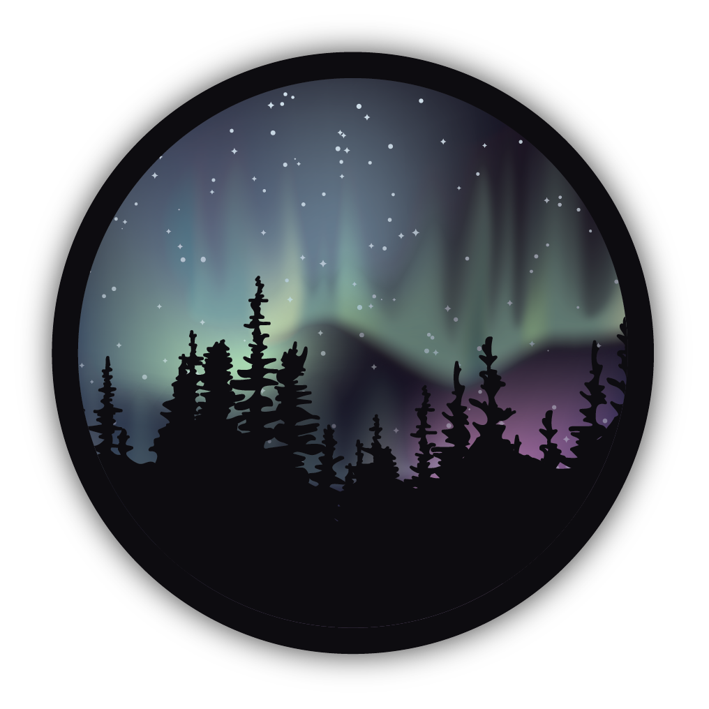 Circular sticker design featuring a silhouette of pine trees beneath a colorful northern lights sky with scattered stars