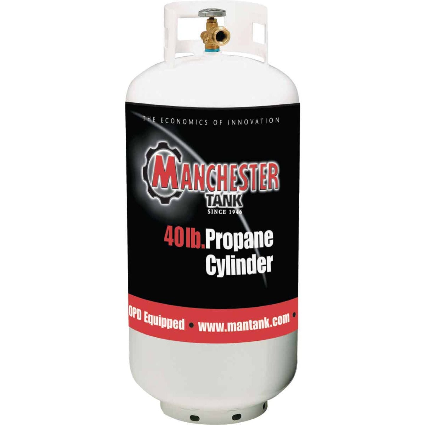 White steel vertical propane cylinder with black and red label for home improvement and outdoor use in all products collection