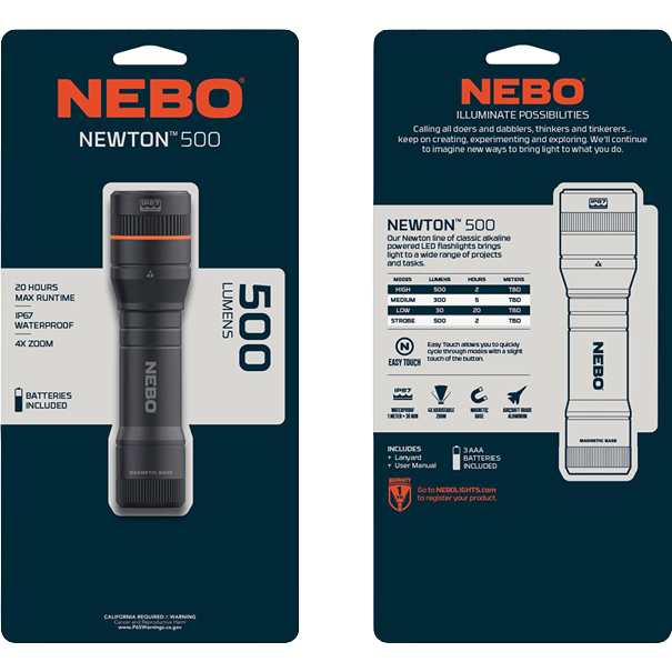 Packaging of NEBO Newtwon 500-lumen LED flashlight showing black flashlight with orange ring and product specs in hand tools collection