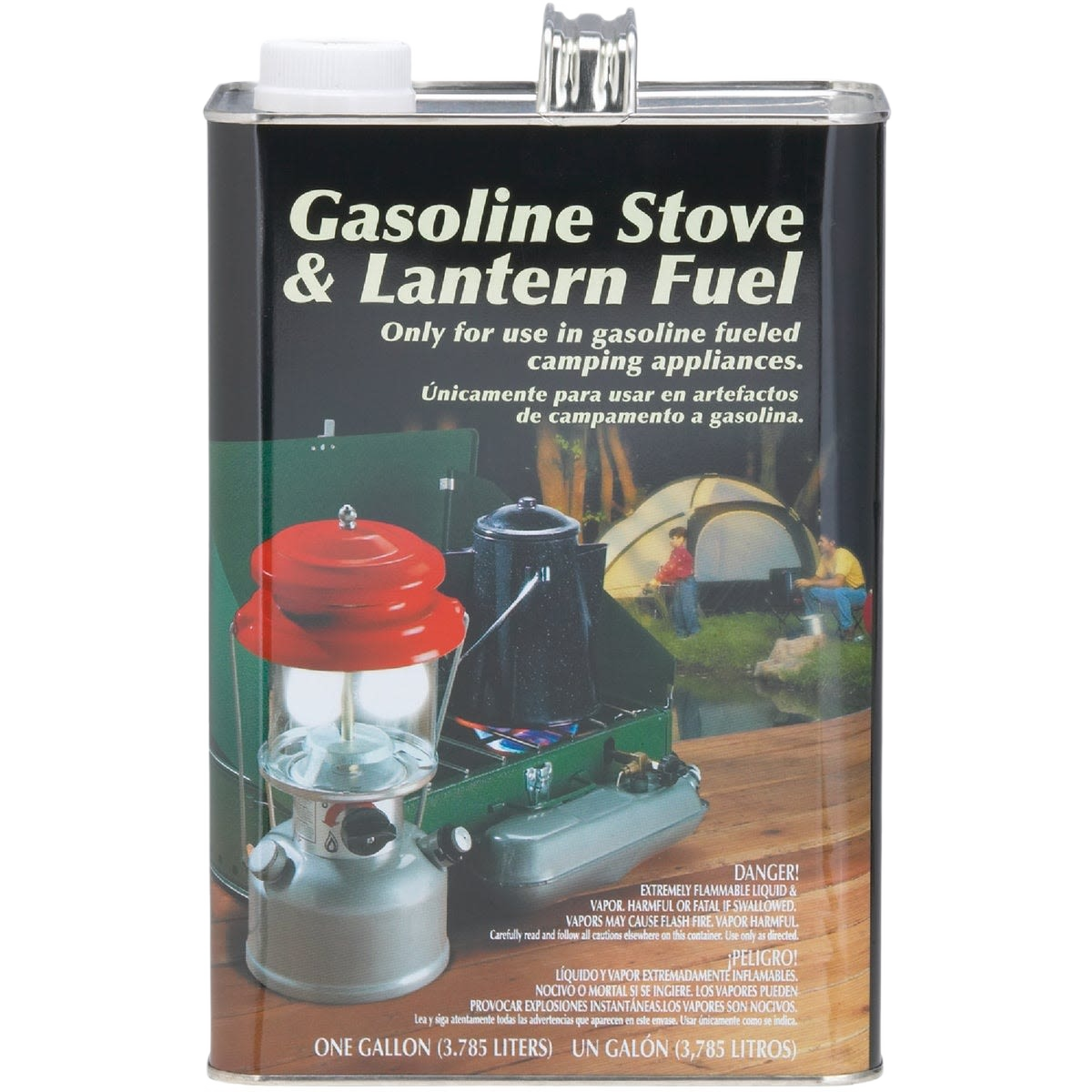 Metal container of gasoline stove and lantern fuel with camping scene and stove image for outdoor games collection
