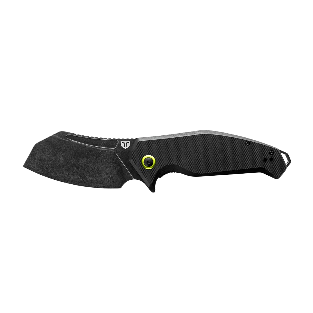 Black textured handle cleaver-style flipper knife with D2 steel blade for cutting and woodworking tools under $100 collection