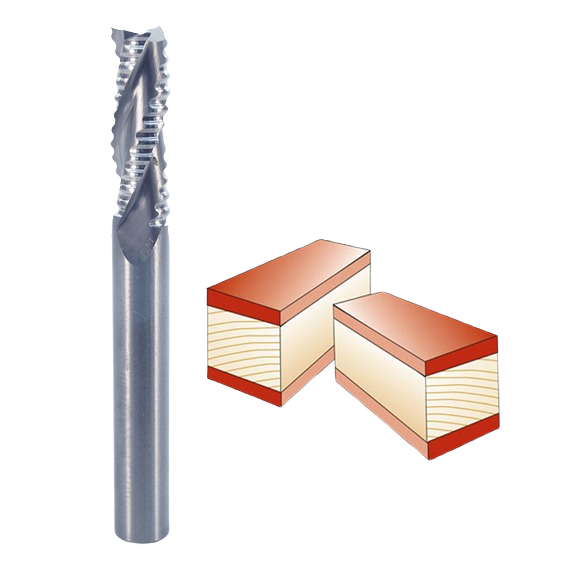 Silver spiral upcut roughing bit next to two cut wood blocks illustrating woodworking tool use