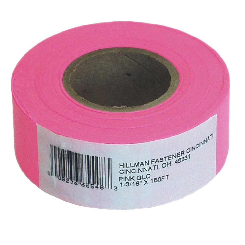 Roll of bright pink flagging tape with a white label for use in tools and home improvement tasks