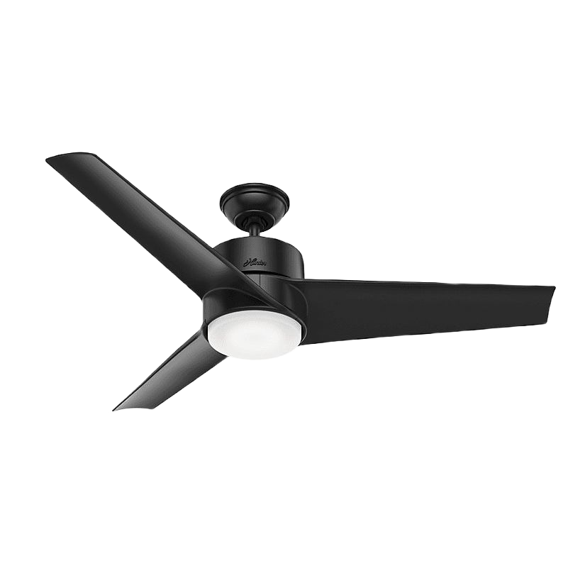 Matte black ceiling fan with three blades and integrated LED light for indoor or outdoor use in home decor and lighting collections