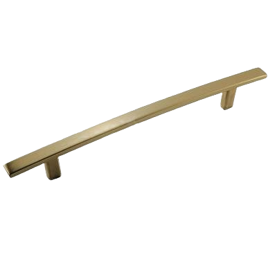 Sleek golden champagne cabinet pull with a curved bar design for home improvement and hardware projects
