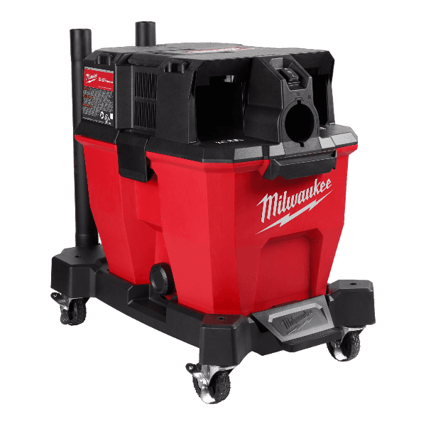 Red and black cordless wet/dry vacuum with wheels for heavy-duty tools and home improvement cleaning tasks