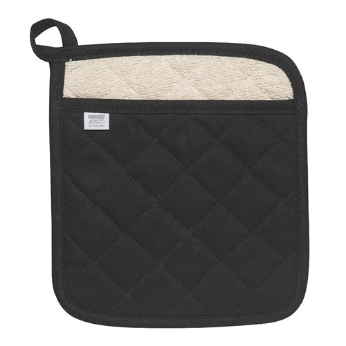 Black quilted heat-resistant potholder with loop hanger featuring soft beige terry cloth interior, ideal for kitchenware and bakeware use under $50.