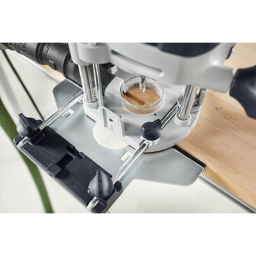 Router edge guide with fine adjustment knob installed on woodworking router for precise tool accessory use