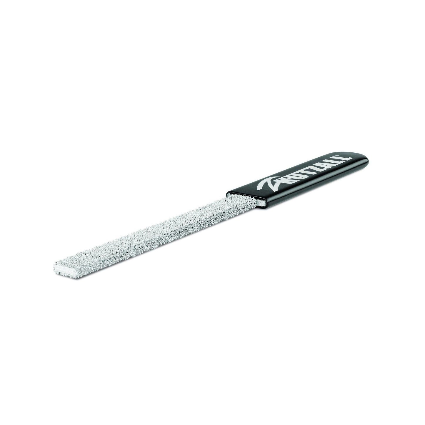 Coarse flat hand rasp with textured metal blade and black handle designed for woodworking and home improvement tasks