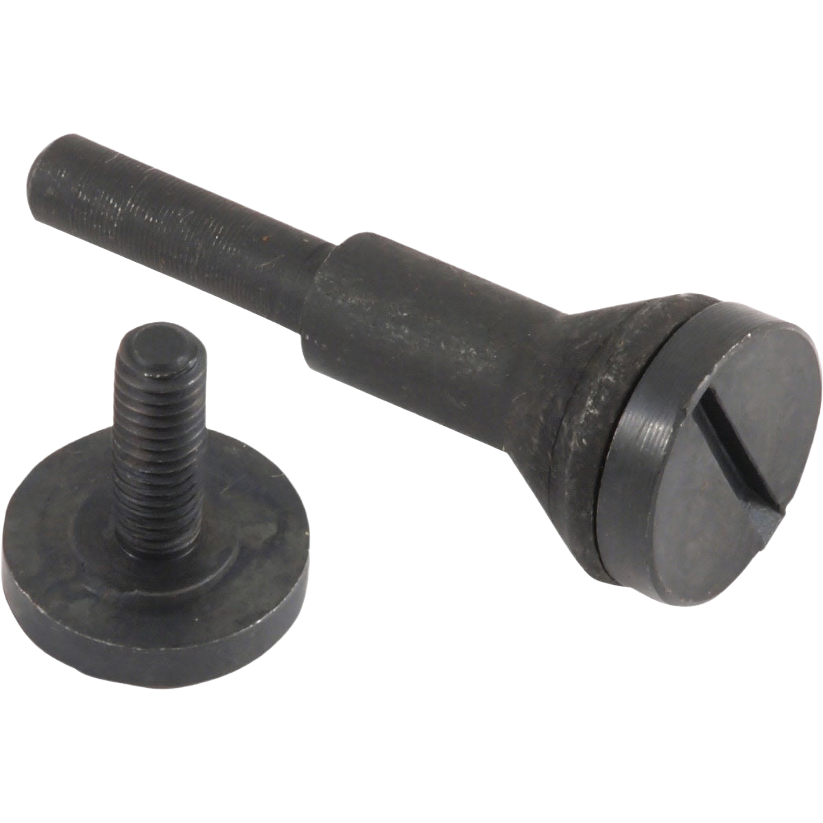 Black metal mandrel kit components with threaded screw and slotted head for tool accessories and home improvement use