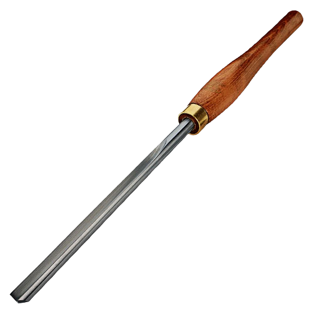 Wood-handled gouge tool with polished metal blade designed for detailed woodworking and home improvement projects