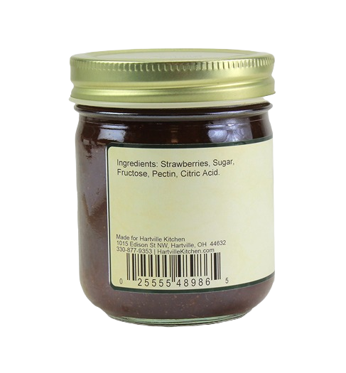 Back view of Hartville Kitchen strawberry jam jar showing ingredients and barcode under $50 food and beverage collections