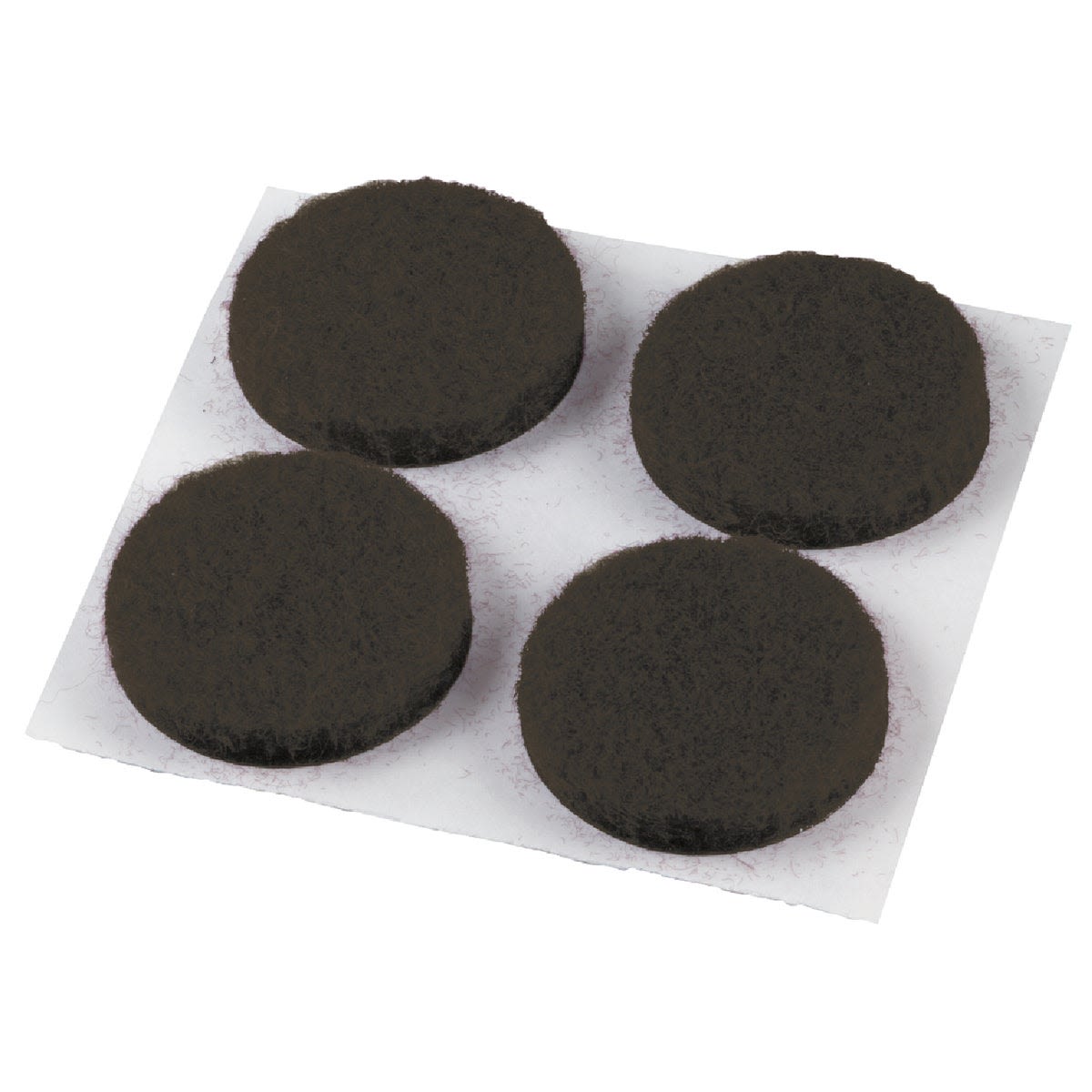 Four round brown felt pads on a white adhesive sheet for protecting surfaces in home improvement tasks