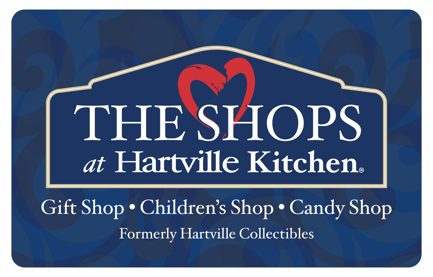 Blue gift card featuring The Shops at Hartville Kitchen logo with red heart and listing Gift Shop, Children's Shop, and Candy Shop, part of Under $100 and All Products collections.