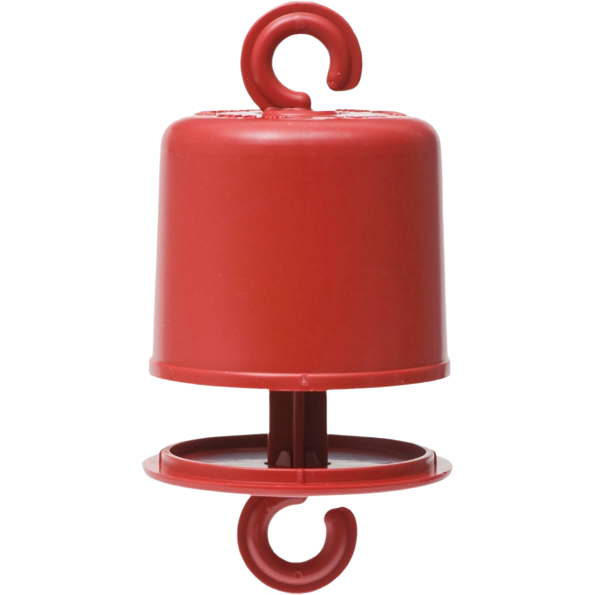 Red plastic ant guard with hooks designed to protect hummingbird feeders from ants