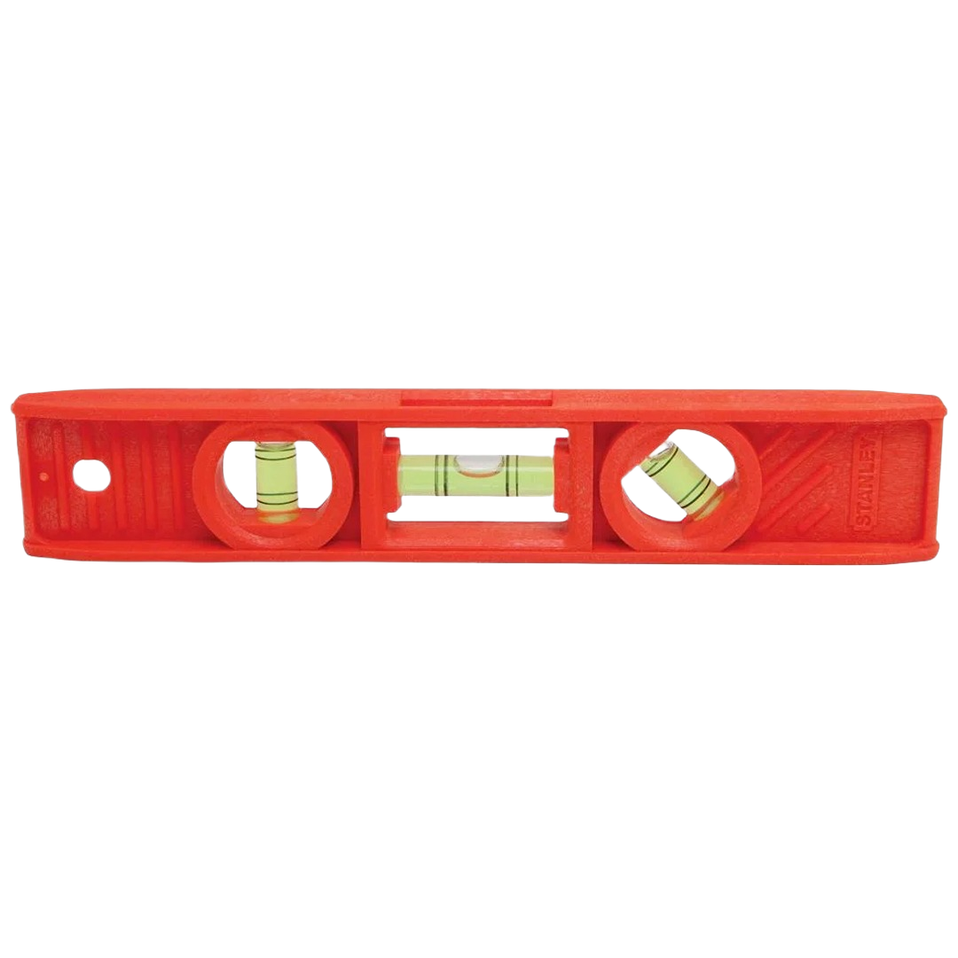 Compact red plastic torpedo level with three bubble vials for precise horizontal and vertical alignment in home improvement tasks
