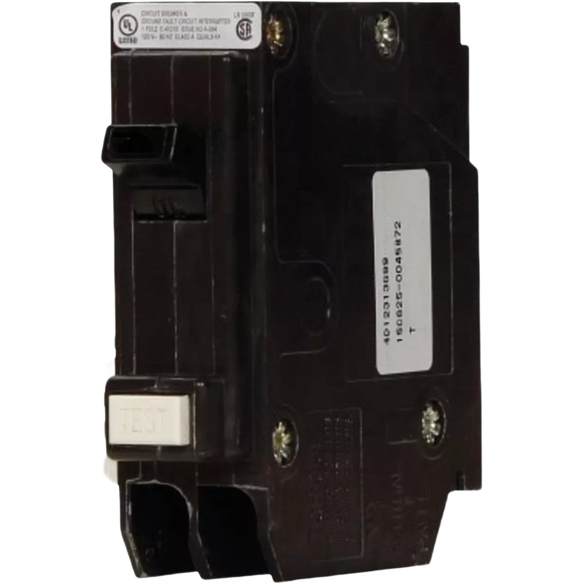 Black single-pole GFCI circuit breaker with test button and screw terminals for home improvement tools and electrical safety